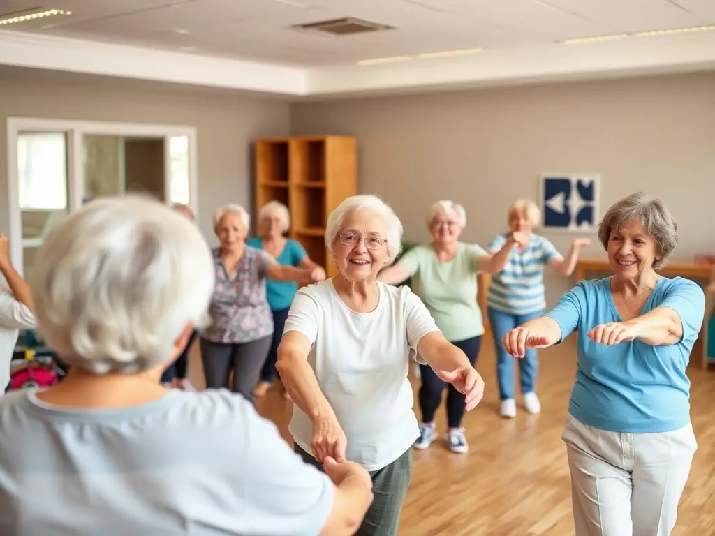 A group of seniors participating in a gentle exercise class, led by a caring instructor, in a comfortable and supportive environment.