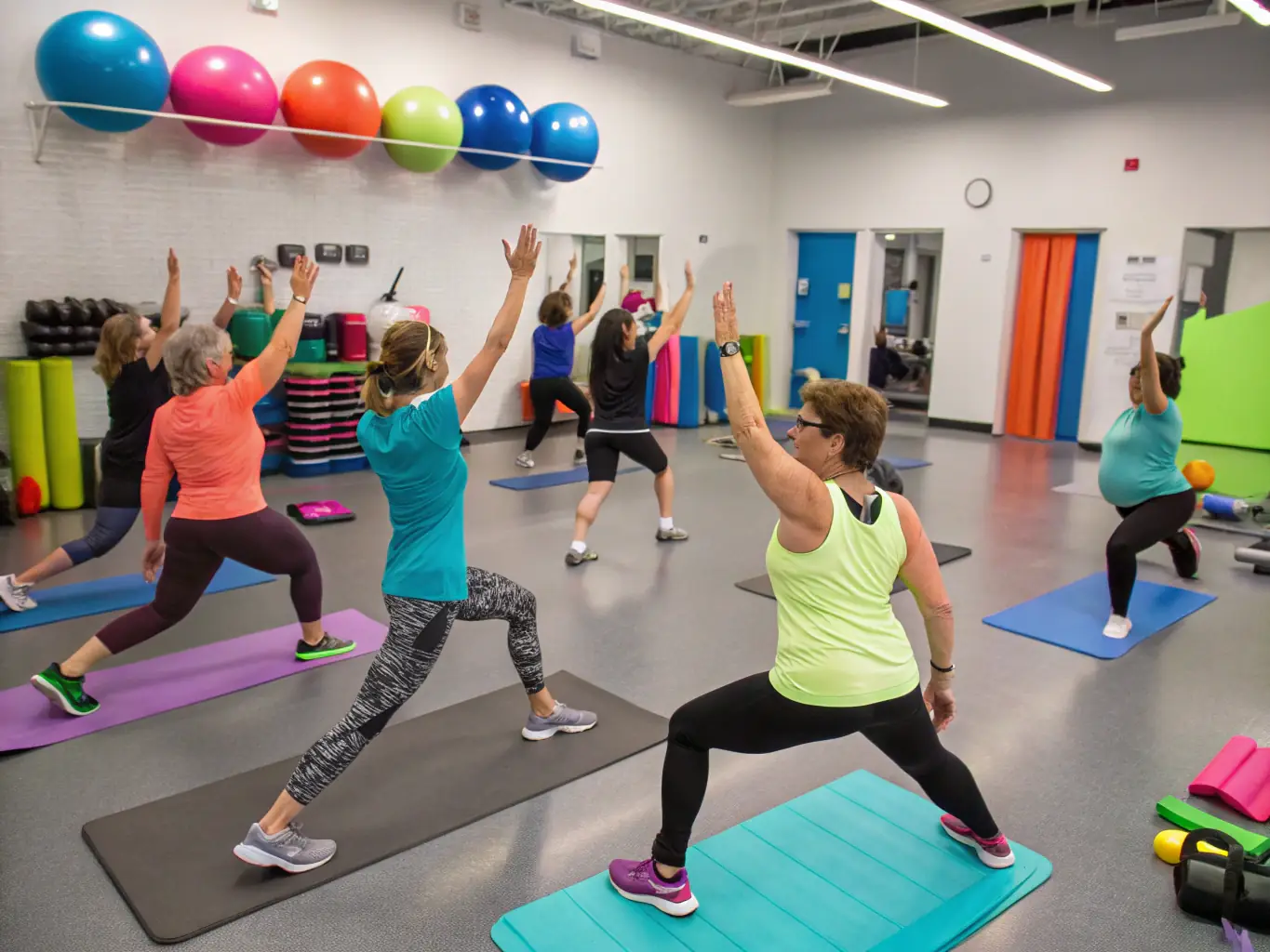 A dynamic shot of a group aerobics class in full swing, with participants of varying ages and fitness levels following the instructor's lead, set in a brightly lit studio.