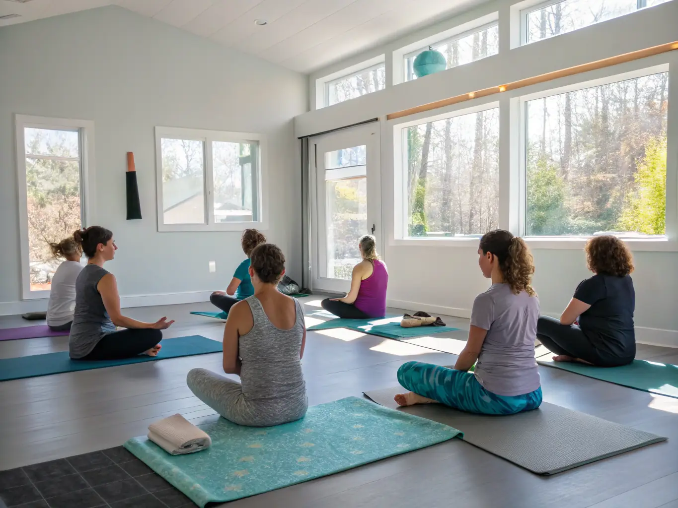 A serene image of a yoga class taking place in a peaceful studio, with participants in various poses, guided by a calm and experienced instructor.