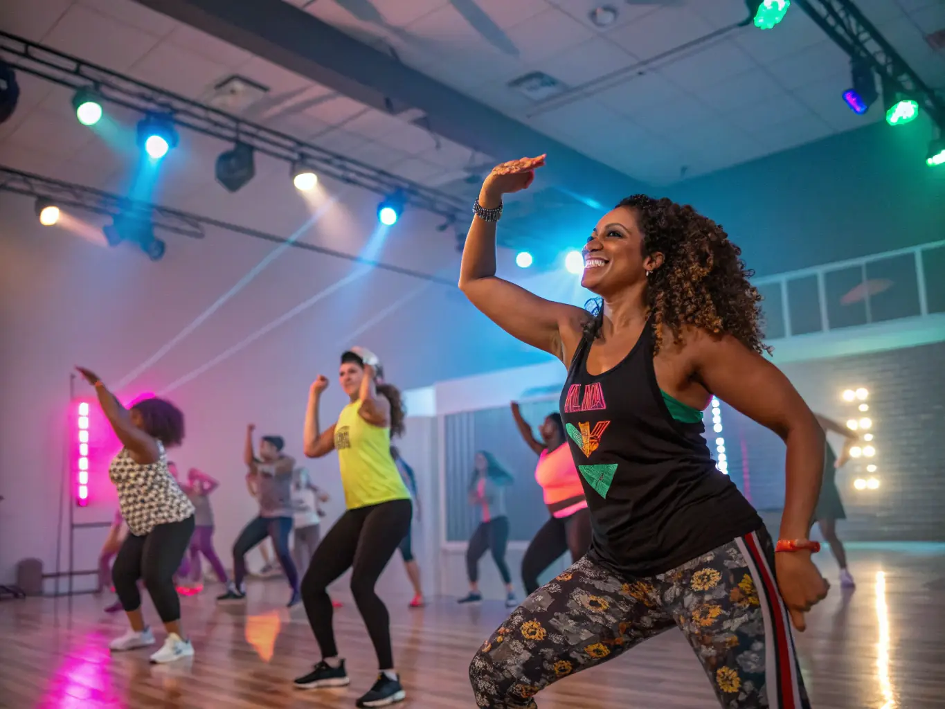 A group of people participating in a Zumba class, led by an energetic instructor, in a brightly lit studio with mirrors and motivational posters.
