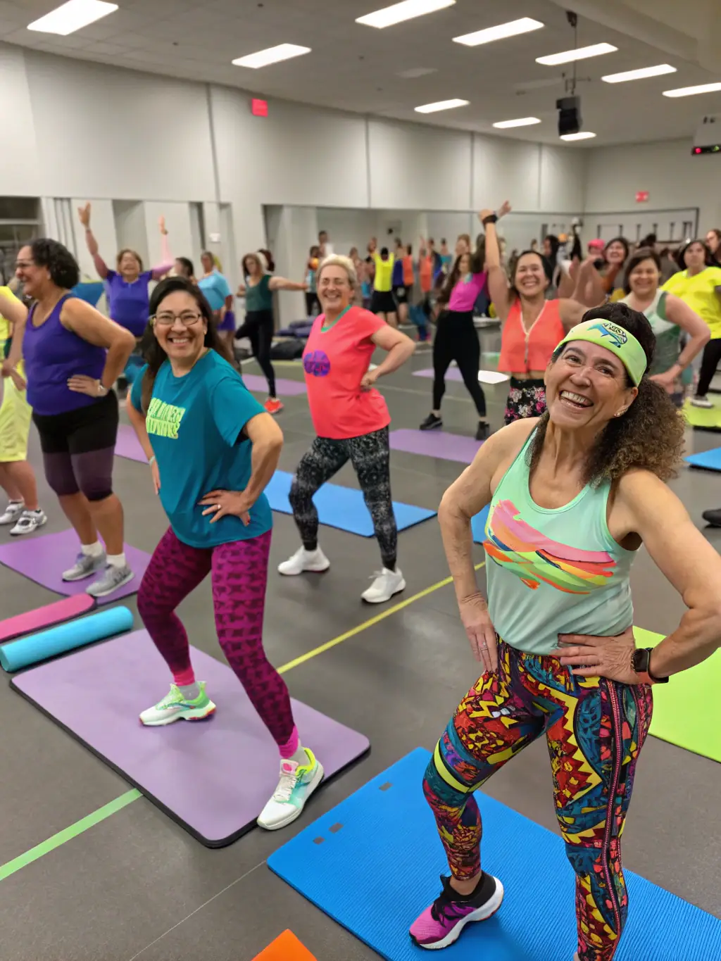 A group of gym members laughing and supporting each other during a workout, highlighting the sense of community and camaraderie.